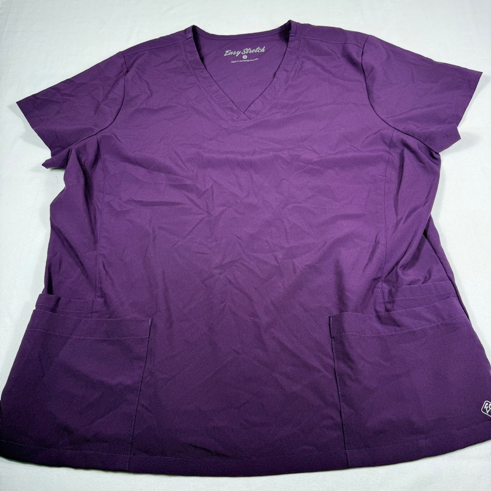 Easy Stretch Scrub Top 2X Purple V-Neck Short Sleeve‎ Pockets BU562 Eggplant